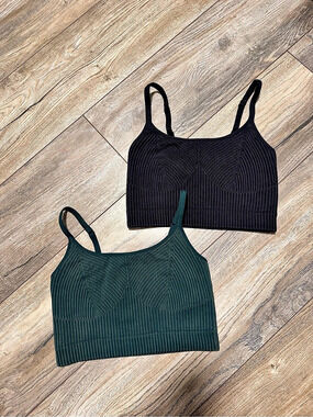 Aerie Seamless Ribbed Scoop Crop Top Bralette Bundle Green & Black XS